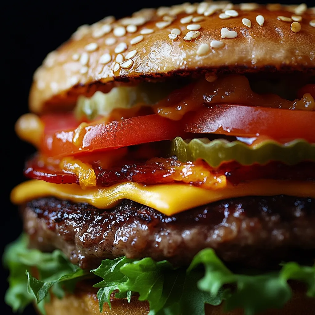 A close-up shot reveals a juicy burger brimming with layers of flavor.  A perfectly seared beef patty is topped with melted cheddar cheese, crispy bacon, ripe tomato slices, and tangy pickles.  All this goodness is nestled between a sesame seed bun, adding a final touch of deliciousness.  The vibrant colors and textures make it a mouth-watering sight.