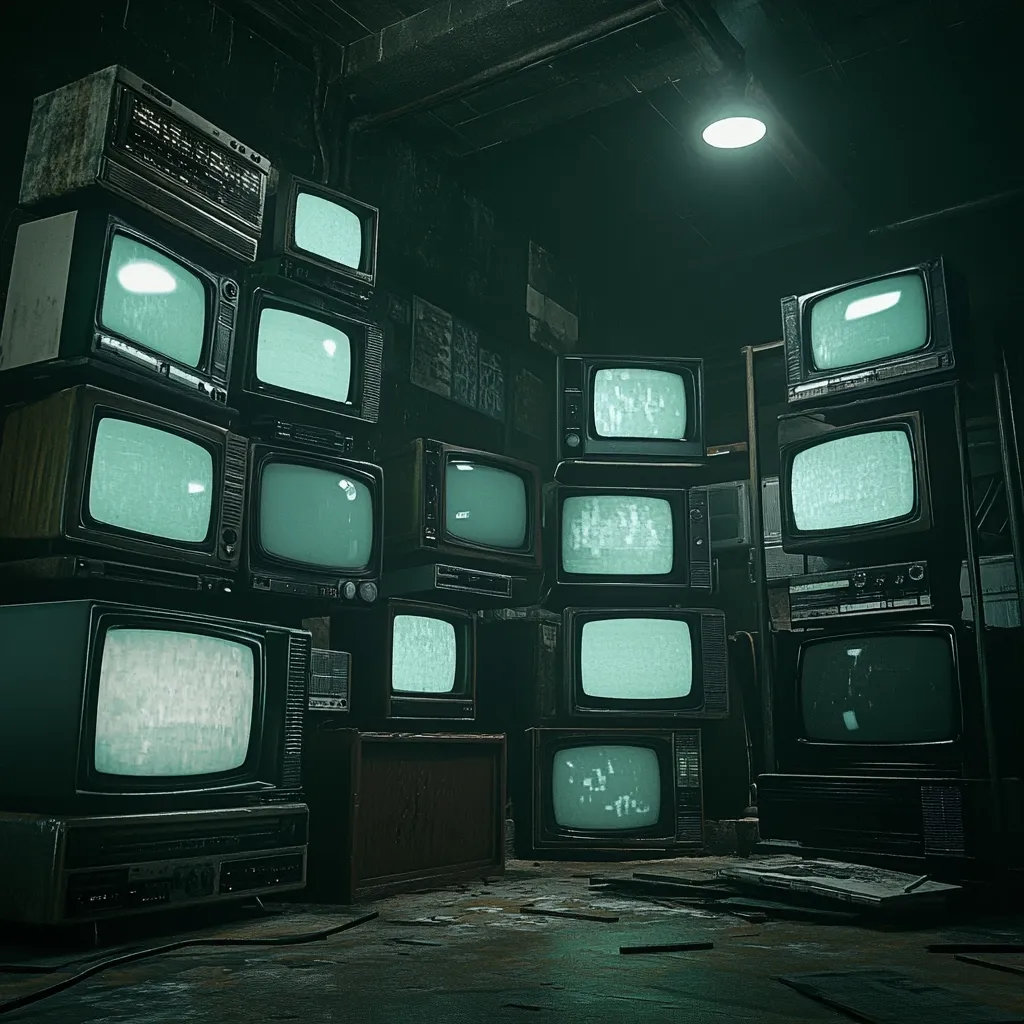 A dimly lit basement is crammed with numerous vintage televisions, stacked haphazardly against the walls.  The screens display static-filled images in shades of green.  A single overhead light casts a weak glow, illuminating the dust-covered floor and the aged electronics. The scene evokes a sense of abandonment and nostalgia, a forgotten archive of past technology.