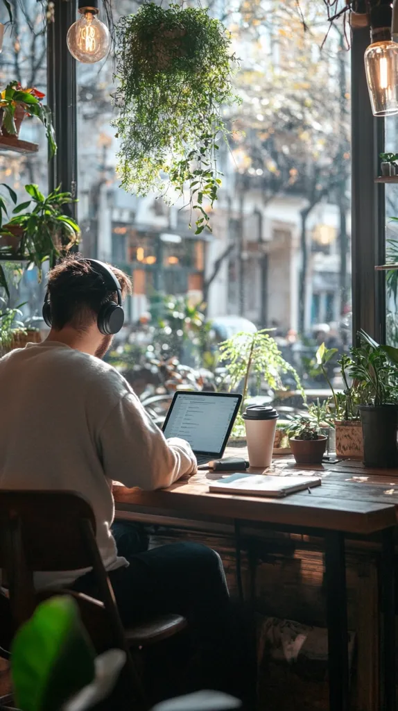 A person sits at a wooden table by a large window, working on a laptop with headphones on.  Sunlight streams in, illuminating the cafe's plant-filled interior.  The city is visible outside the window, creating a cozy yet vibrant atmosphere.  A cup of coffee sits on the table beside a notebook and other work items.  The scene evokes a sense of calm productivity.