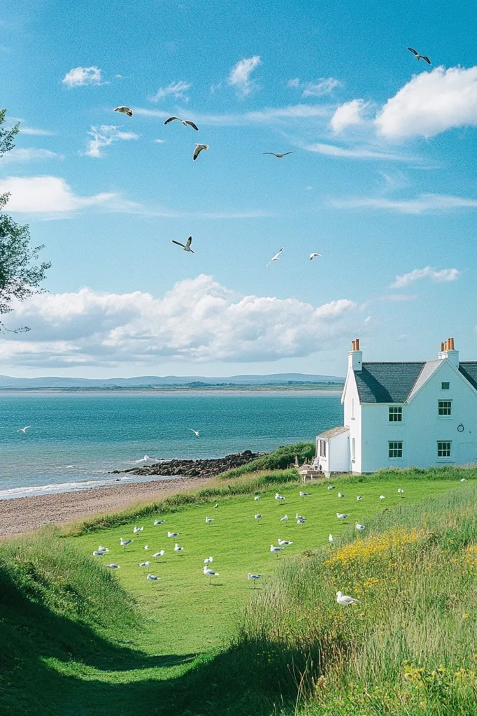 A serene coastal scene unfolds under a bright blue sky dotted with fluffy white clouds.  Several seagulls gracefully fly overhead, while a flock rests on a verdant lawn sloping down to a tranquil beach and calm sea. A charming white house stands proudly on the cliff overlooking the water, completing the idyllic picture. The overall atmosphere is peaceful and picturesque.