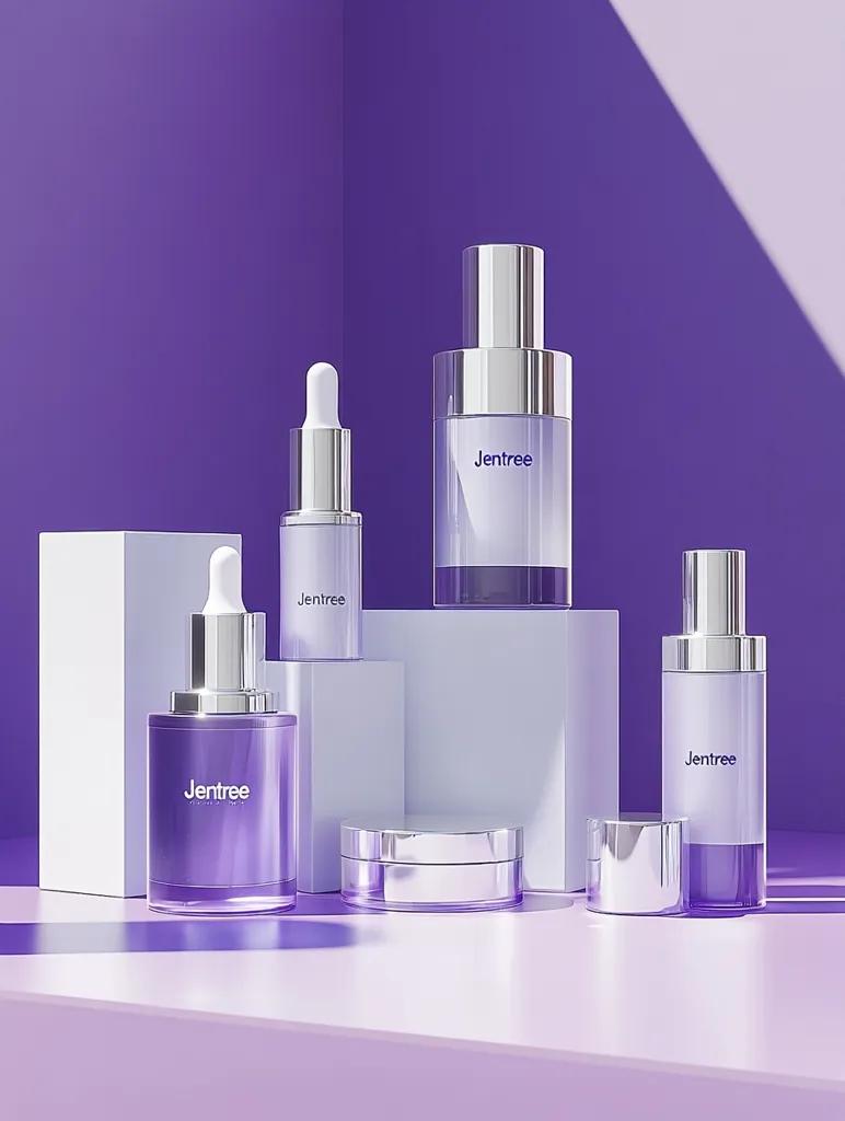 A collection of Jentree skincare products is elegantly displayed on a purple surface.  The lineup includes a serum, toner, moisturizer, and eye cream, all in coordinating purple and silver packaging. The bottles are cylindrical with minimalist silver caps, reflecting light in a sophisticated manner.  The scene is bathed in soft, diffused light, highlighting the products' luxurious aesthetic.
