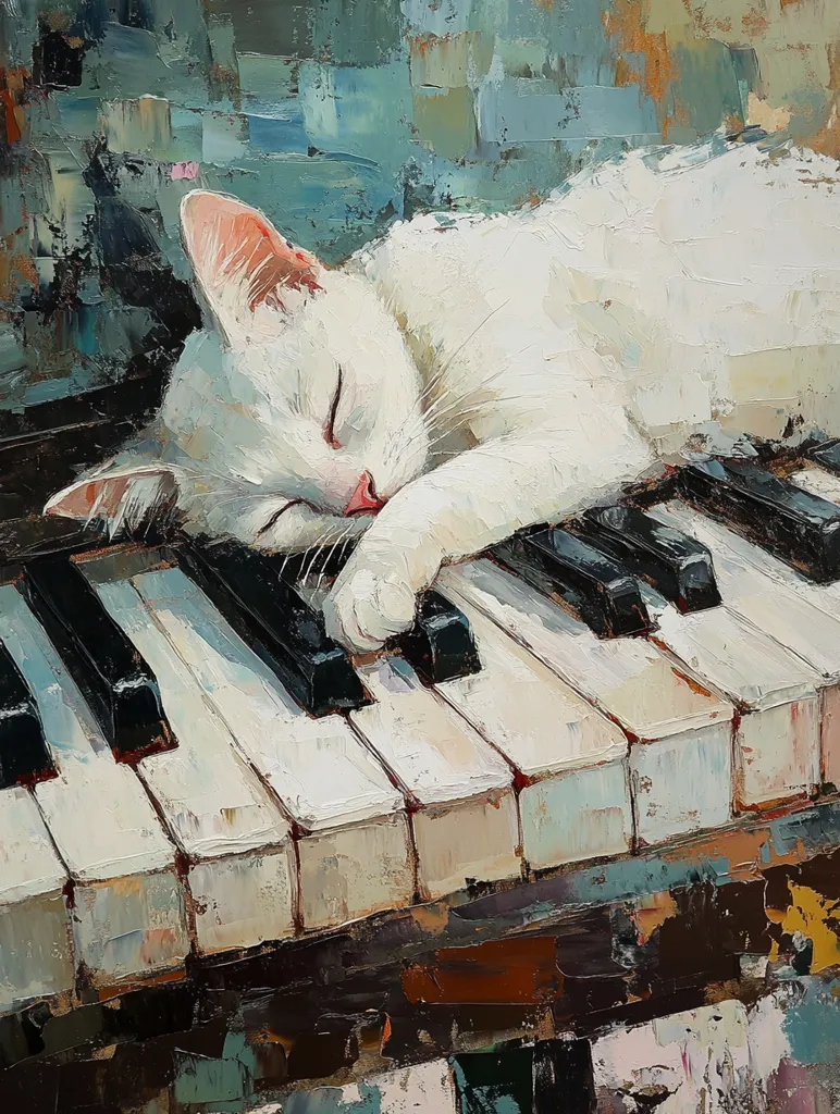 A white cat peacefully sleeps on a piano keyboard.  The painting is done in a vibrant, impasto style, with visible brushstrokes creating texture. The background features abstract, muted blues and greens, contrasting with the cat's bright white fur. The overall mood is serene and evocative.