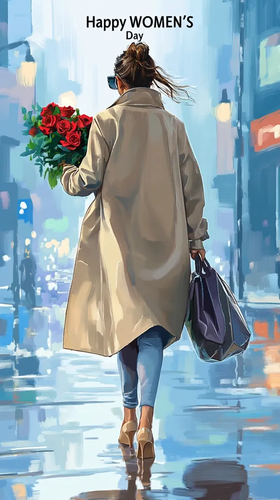 A woman walks away from the viewer on a rainy city street.  She carries a bouquet of red roses and a large shopping bag.  She's dressed in a beige trench coat and blue jeans, her hair pulled back. The text "Happy Women's Day" is displayed at the top. The image evokes a feeling of quiet strength and independence. The wet pavement reflects the city lights.