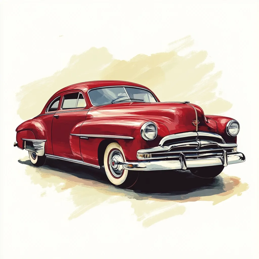 A vibrant illustration showcases a classic red 1949 Pontiac Chieftain two-door coupe.  The car is depicted in a painterly style, with soft brushstrokes creating a sense of motion and depth. Its sleek lines and chrome details are emphasized against a light beige background, highlighting its vintage elegance. The image evokes a nostalgic feel, reminiscent of mid-century American automotive design.