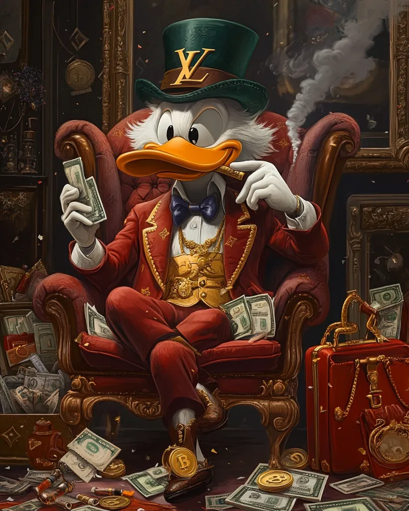 A cartoon duck, styled like Scrooge McDuck, is depicted luxuriously seated in a rich, ornate armchair. He wears a Louis Vuitton top hat, a red suit adorned with gold, and numerous gold chains.  Surrounding him is a lavish display of cash, bitcoin coins, and a red briefcase. The scene is opulent and conveys wealth and extravagance.