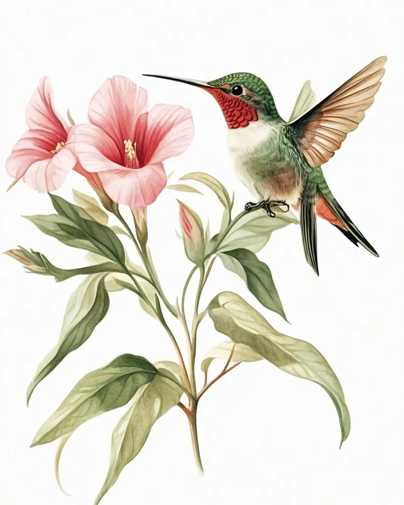 A vibrant watercolor painting showcases a hummingbird perched delicately on a branch of pink hibiscus flowers.  The hummingbird's iridescent green and red plumage contrasts beautifully with the soft pink blossoms and the muted greens of the leaves. The artist's attention to detail is evident in the rendering of the hummingbird's feathers and the delicate texture of the petals. The composition is balanced and elegant, creating a sense of tranquility and natural beauty.