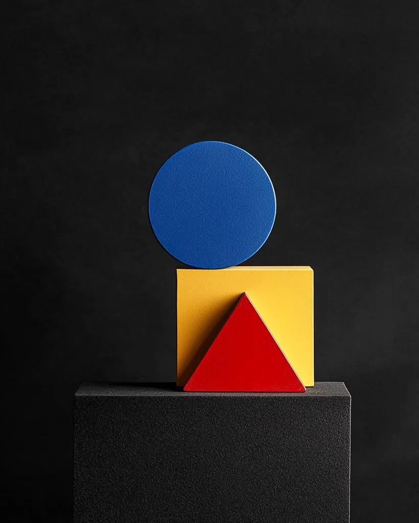 A blue circle rests atop a yellow square, which supports a red triangle.  These primary-colored geometric shapes are arranged on a black textured cube against a dark background. The composition is minimalist and visually striking, emphasizing the contrast between colors and forms.