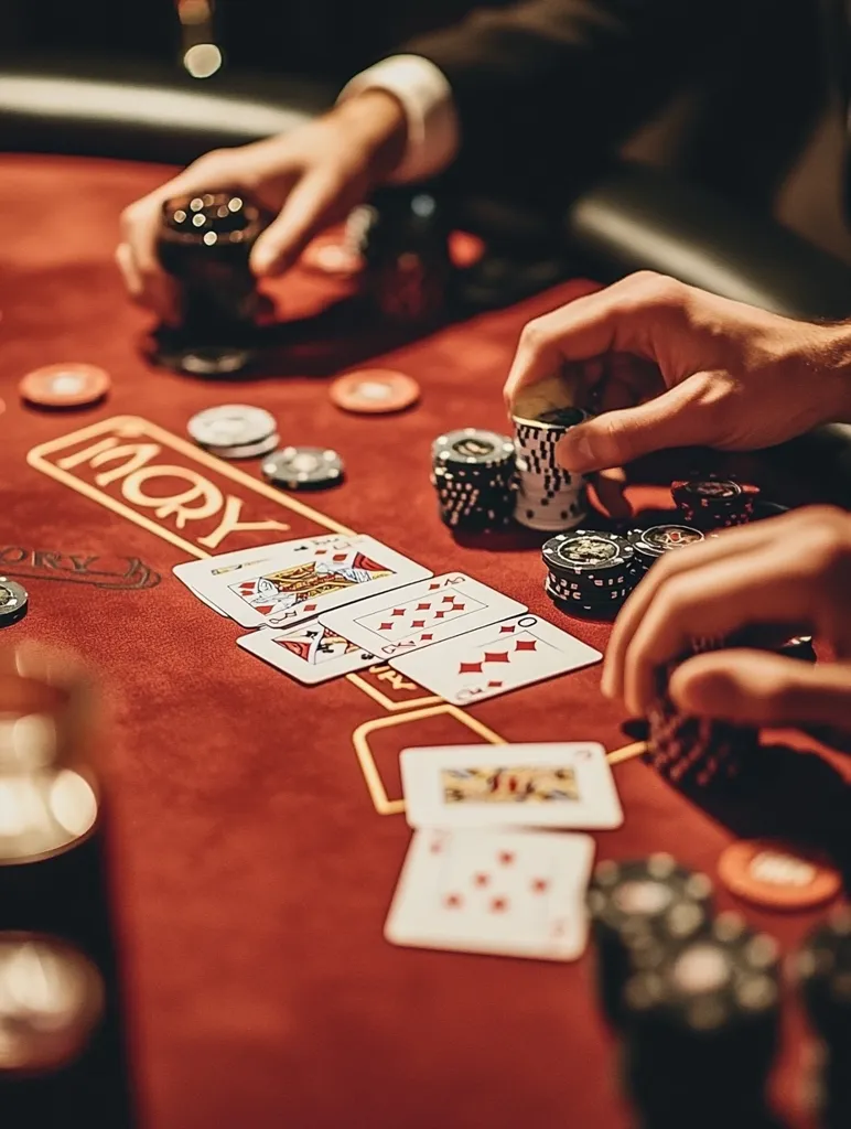 A close-up shot of a poker game in progress.  Two players' hands are visible, manipulating chips and cards on a felt-covered table.  Cards are spread out, revealing a queen, jack, and ten of diamonds. Stacks of poker chips are scattered across the table, suggesting a high-stakes game. The atmosphere is dimly lit, adding to the intensity of the scene.