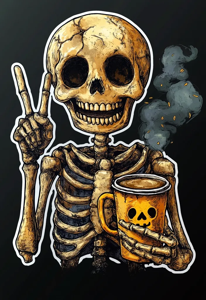 A detailed illustration depicts a skeleton holding a steaming mug with a jack-o'-lantern face.  One skeletal hand displays a peace sign. The style is reminiscent of vintage anatomical drawings, with dark shading and intricate bone detail.  The skeleton's expression is cheerful, creating a whimsical, slightly morbid image.  The background is black, enhancing the contrast and focus on the skeleton and its coffee.