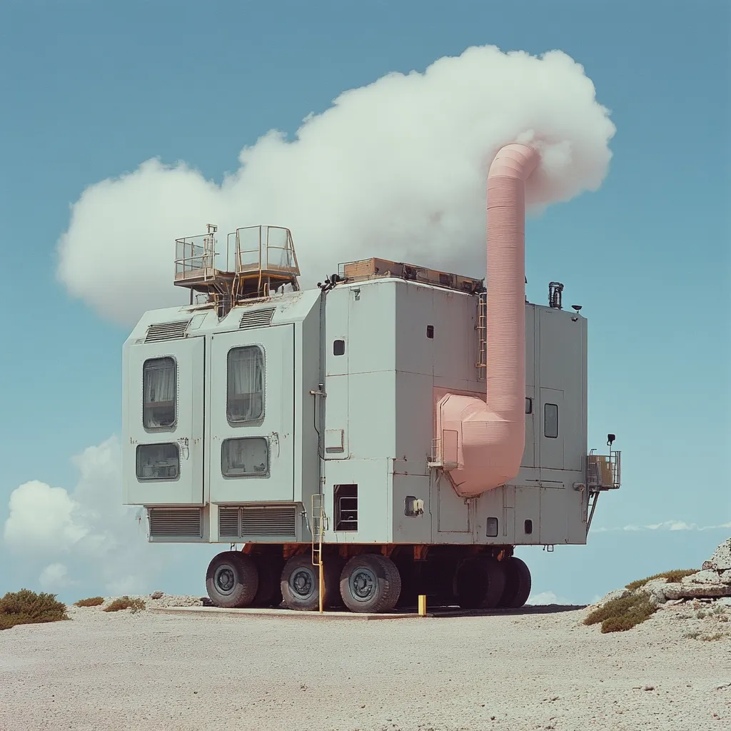 A large, light-grey industrial structure, resembling a mobile generator or power plant, sits on a flat, sandy landscape under a clear blue sky.  A prominent, pale-pink exhaust pipe emits a puff of white smoke, forming a cloud above. The structure is mounted on wheels, and features several small windows and access platforms.  The overall aesthetic is surreal and slightly melancholic.