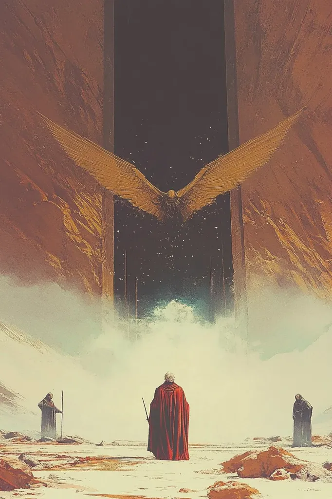 A majestic, golden-winged bird soars above a gaping chasm in a desolate, rocky landscape.  A lone figure in a flowing red robe stands between two hooded figures, each holding a staff or spear.  The scene is bathed in a hazy, ethereal light, suggesting a mystical or otherworldly setting. The vastness of the landscape and the imposing bird create a sense of awe and impending event.