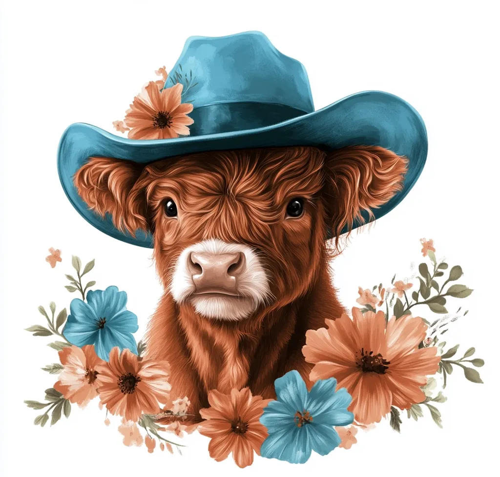 A charming illustration features a Highland calf, its rich reddish-brown fur contrasting with a vibrant teal cowboy hat adorned with orange and teal flowers.  The calf's expressive eyes and fluffy fur are accentuated by a surrounding bouquet of similarly colored blossoms. The overall style is whimsical and endearing.