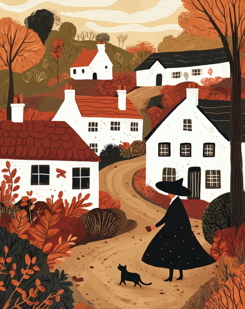 A witch in a black pointed hat and dress walks down a winding path in a quaint autumnal village.  White houses with red-tiled roofs line the road, nestled amongst vibrant orange and brown foliage.  A small black cat follows the witch, adding to the charming, whimsical scene. The style is reminiscent of children's book illustration, with a focus on warm, earthy tones.