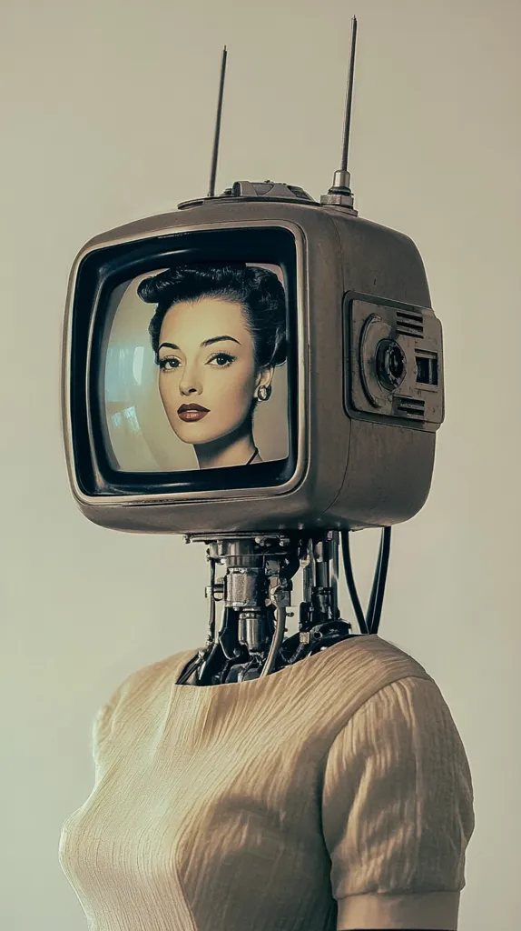 A retro-futuristic image depicts a robot with a vintage television for a head.  The television screen displays a 1950s style woman. The robot's body is clothed in a beige dress, contrasting the metallic, mechanical neck and shoulders. The overall aesthetic blends classic elegance with a technological twist, creating a surreal and thought-provoking piece.