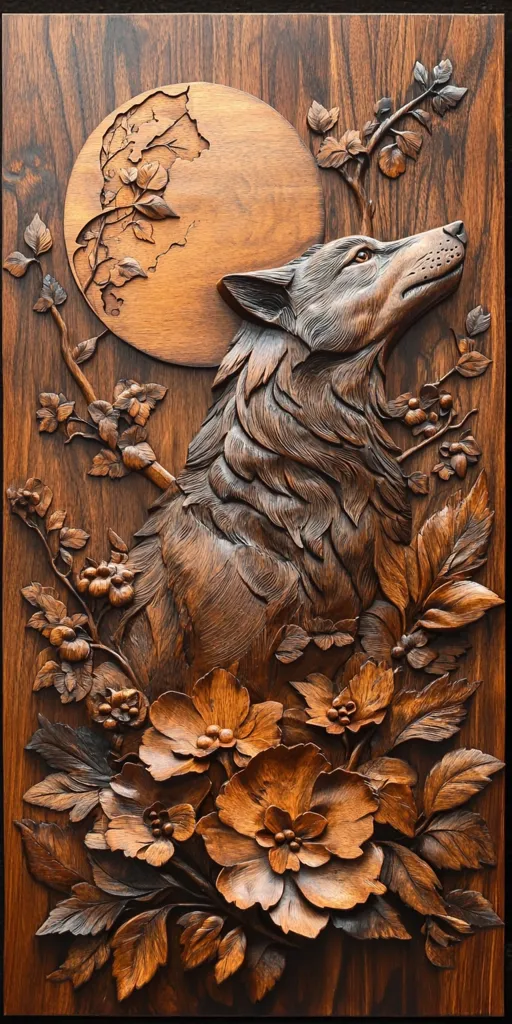 A stunning wood carving depicts a wolf howling at a large, intricately carved moon.  Surrounding the wolf are detailed floral elements, including leaves and blossoms, all rendered with exceptional depth and texture. The rich, dark wood grain enhances the overall artistry of this bas-relief sculpture.  The piece showcases remarkable skill in woodworking, capturing the essence of both the wild animal and delicate flora.