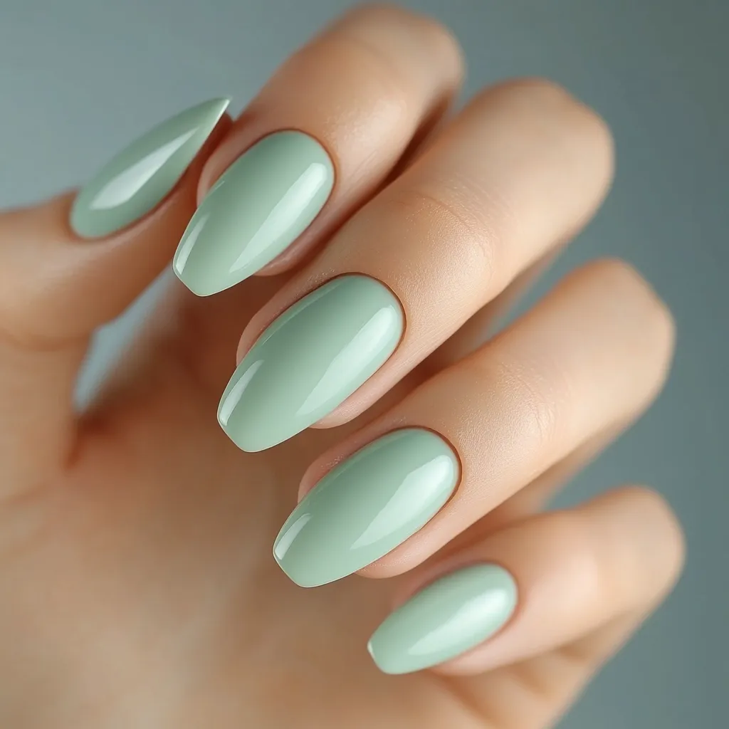 A close-up shot showcases a hand with meticulously manicured nails. Each nail is elegantly shaped into a long oval and painted with a soft, pale green nail polish that has a glossy finish. The nails are neatly aligned, and the hand is positioned to display the manicure prominently against a muted gray background. The overall impression is one of sophistication and understated elegance.
