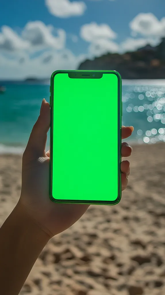A hand holds a smartphone with a bright green screen against a blurred background of a sunny beach and ocean. The phone is held vertically, showcasing the blank green screen ideal for digital content insertion. The tranquil beach scene provides a serene contrast to the vibrant green, highlighting the phone as the focal point. The image suggests relaxation, technology, and the potential for content creation in a vacation setting.