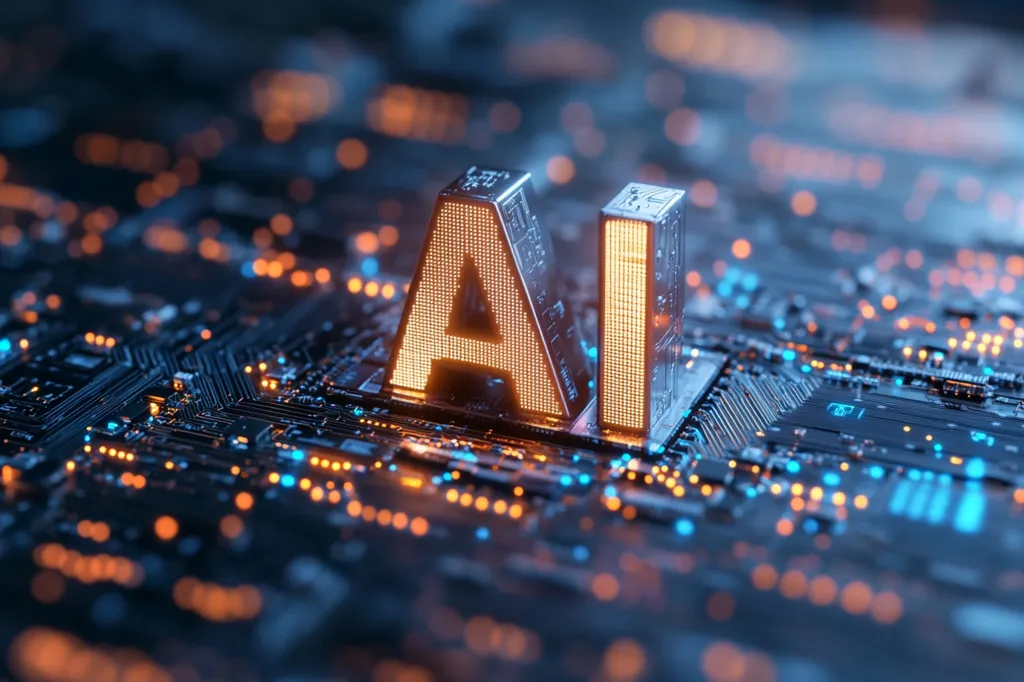 A three-dimensional rendering depicts "AI" integrated into a circuit board.  The letters are constructed from a metallic material with warm orange lights illuminating the interior. The circuit board displays a complex network of pathways and glowing components, suggesting advanced technology. The image creates a futuristic, technological aesthetic, symbolizing artificial intelligence and its intricate workings.  The focus is sharply on the "AI," with the background gently blurred.