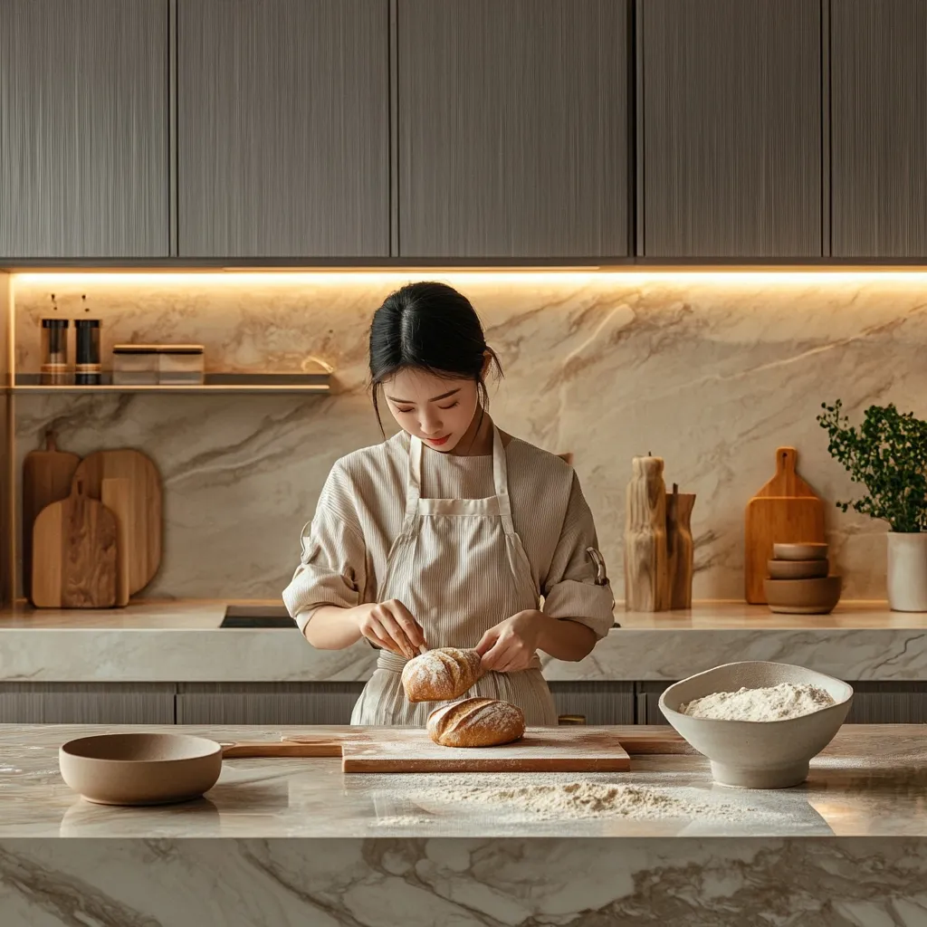 A young woman in a beige apron carefully places two loaves of freshly baked bread onto a wooden cutting board in a modern kitchen.  The kitchen features a marble backsplash and sleek grey cabinetry. Flour dusts the counter, adding to the scene's homely, baking atmosphere.  The overall aesthetic is minimalist and warm.