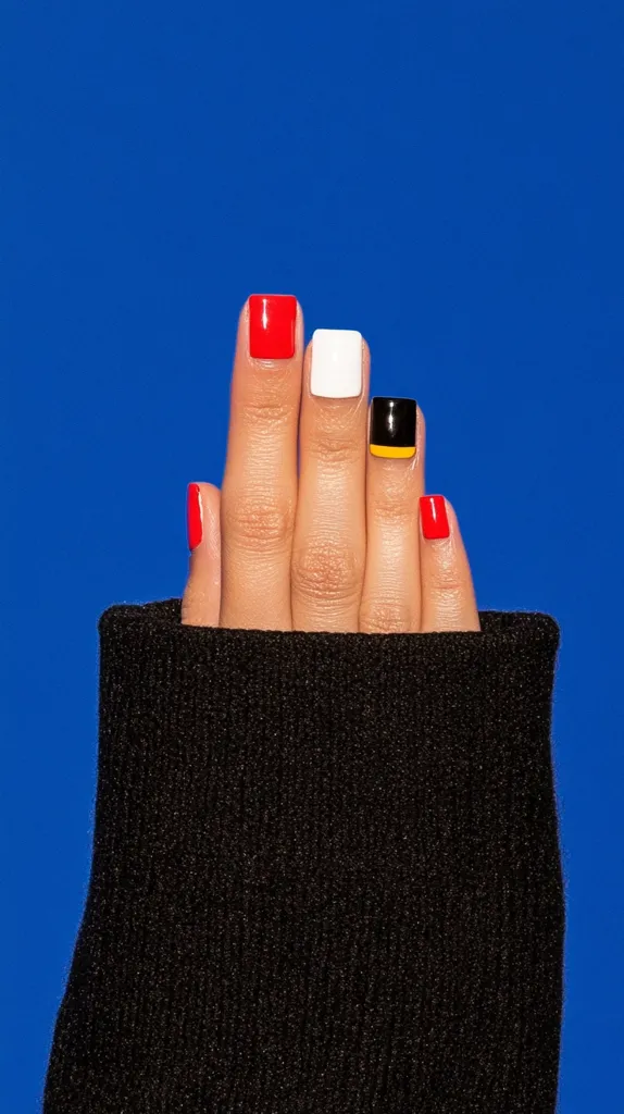 A hand with a bold, geometric manicure is shown against a vibrant blue background.  The nails are painted in blocks of red, white, black, and yellow. The hand is partially covered by a black knitted cuff, creating a stylish and minimalist image.  The contrast between the bright colors and the dark cuff is striking.