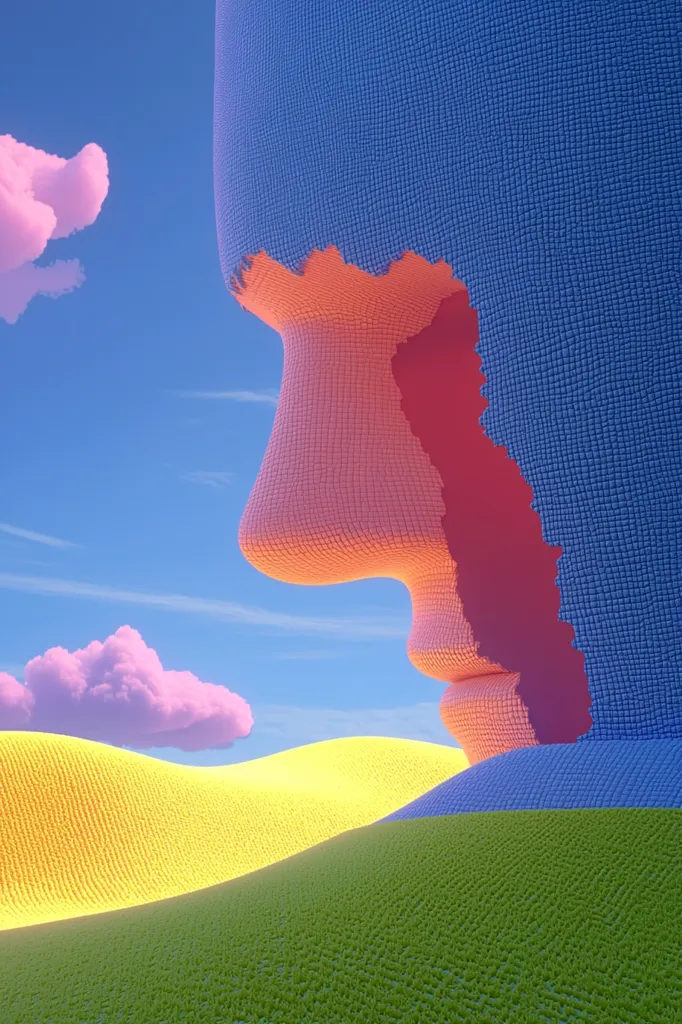 A stylized, fragmented face dominates the scene, its texture resembling woven fabric.  The face is a vibrant palette of blue, pink, and orange, contrasting sharply against a whimsical landscape of yellow and green hills under a clear blue sky dotted with pastel pink clouds. The overall aesthetic is surreal and dreamlike.