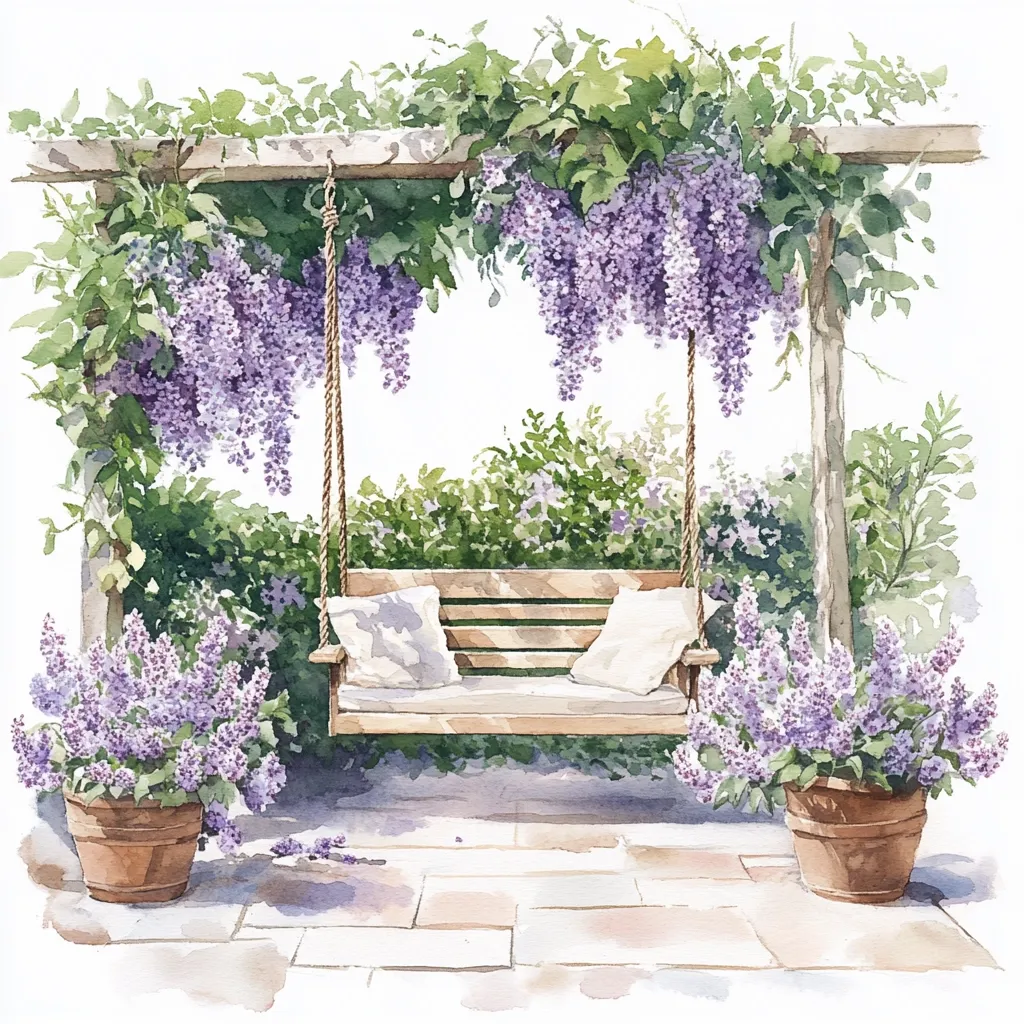 A watercolor painting depicts a tranquil garden scene. A wooden swing bench hangs beneath a pergola draped with vibrant purple wisteria.  Two potted lilac bushes flank the swing, adding to the serene atmosphere. The sunlit stone patio complements the lush greenery, creating a peaceful and idyllic setting.