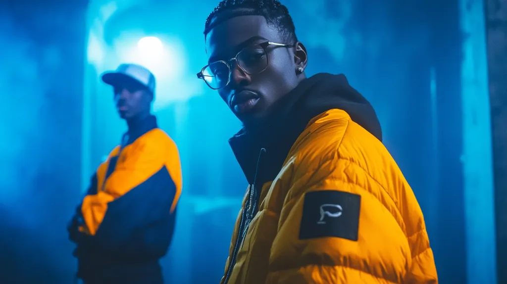 A young Black man in a gold puffer jacket and glasses stands in sharp focus against a blurred background of a second man in a similar, but darker, jacket.  The scene is bathed in cool blue light, creating a dramatic and stylish effect. The focal man's jacket features a black logo patch.  The overall mood is urban and contemporary.