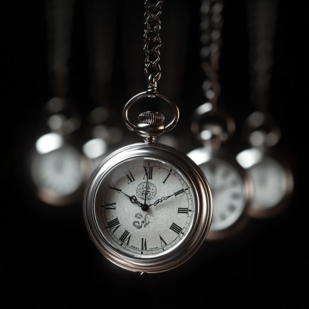 A silver pocket watch with Roman numerals hangs in sharp focus against a blurred background of similar watches.  The detailed face and chain of the central watch contrast with the out-of-focus background, creating a sense of depth and time.  The dark setting enhances the metallic sheen of the watches, suggesting a theme of time's passage and perhaps the fleeting nature of moments.