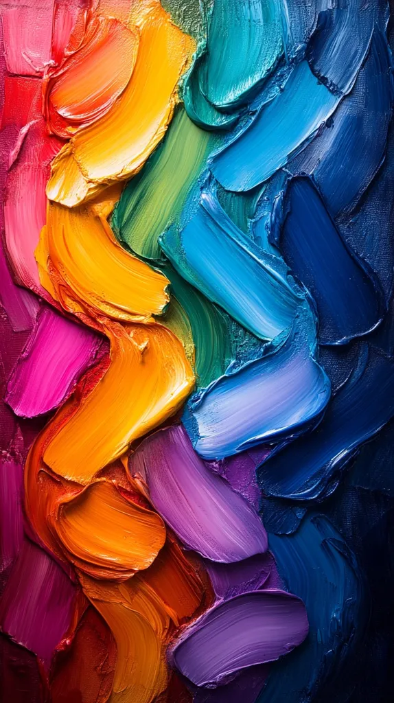 A vibrant abstract painting showcasing a spectrum of colors, from deep reds and oranges through yellows, greens, blues, and purples.  Thick, impasto brushstrokes create a textured, dynamic surface. The colors blend and intermingle, creating a sense of movement and energy. The overall effect is rich, saturated, and visually captivating.