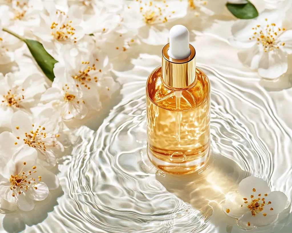 A golden amber glass bottle of face serum with a dropper sits in clear water surrounded by delicate white blossoms.  The water ripples gently, creating soft concentric circles. Sunlight reflects off the bottle and flowers, enhancing the luxurious and spa-like atmosphere. The overall image evokes feelings of serenity and natural beauty.