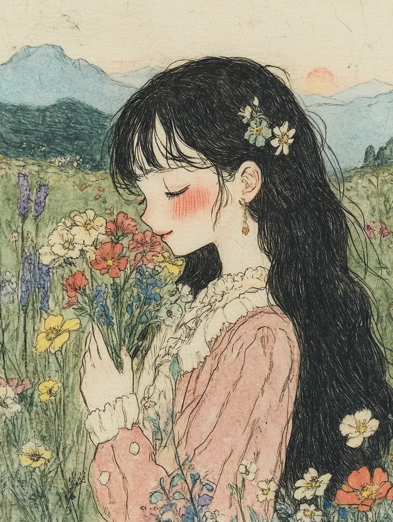 A young woman with long dark hair adorned with flowers, stands in a field of wildflowers. She gently holds a bouquet, her face serene as she inhales their fragrance.  The setting sun casts a warm glow over a distant mountain range, creating a peaceful and idyllic scene.  Her rosy cheeks and delicate dress add to the soft, dreamlike quality of the illustration.