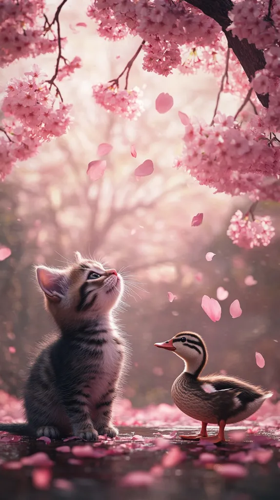 A charming image depicts a tabby kitten and a duckling amidst a shower of pink cherry blossom petals.  The kitten, sitting upright, gazes upwards, while the duckling looks towards the kitten.  The soft, pastel colors and gentle falling petals create a serene and whimsical atmosphere, suggesting a peaceful encounter between the two unlikely friends.