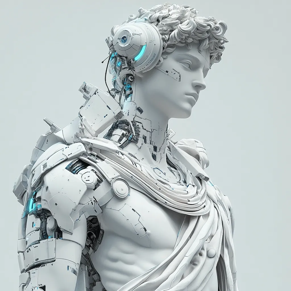 A digital rendering depicts a futuristic cyborg, its form a blend of classical sculpture and advanced technology.  The figure, reminiscent of a marble statue of a young man, is adorned with sleek, white robotic components.  Visible wiring and mechanical joints integrate seamlessly with the smooth, sculpted surface, creating a striking contrast between antiquity and modern innovation.  A headset-like device adds to the cyborg's technological enhancement.  The overall aesthetic is clean and minimalist, emphasizing the fusion of art and technology.