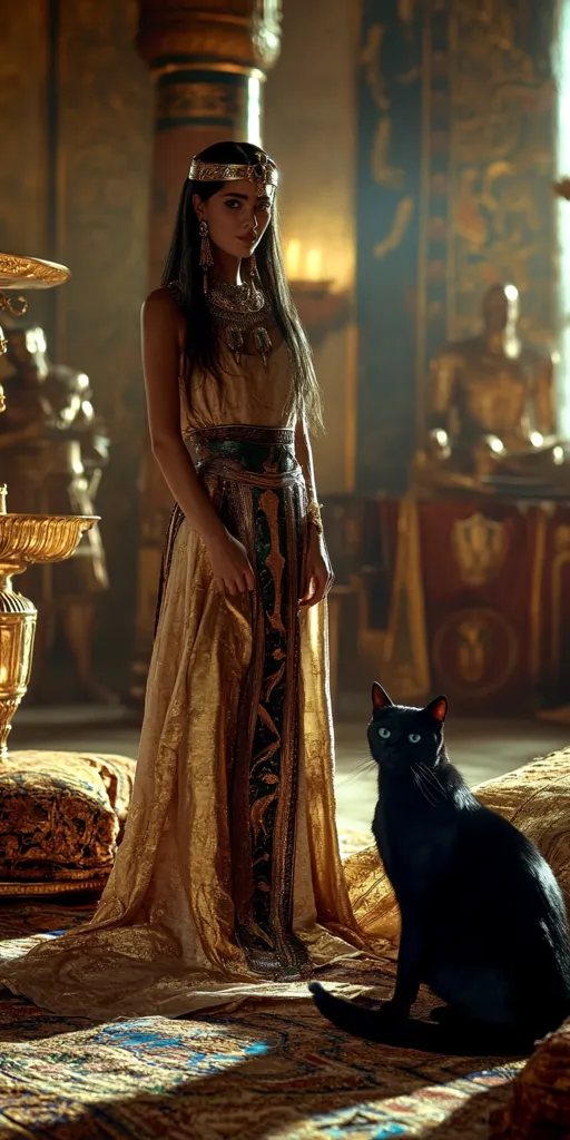 A regal woman in a flowing gold gown, adorned with intricate embroidery and a jeweled headpiece, stands in an opulent, ancient-looking chamber.  She is poised and elegant, her dark hair cascading down her back.  A sleek black cat sits quietly beside her, adding a touch of mystery to the scene. The rich textures and warm lighting create a luxurious and dramatic atmosphere.