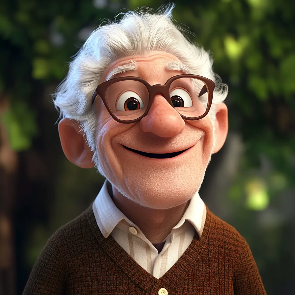 A charming, digitally rendered elderly man with white hair, brown glasses, and a warm smile is depicted. He's wearing a brown cardigan over a striped collared shirt.  The image's style is reminiscent of Pixar animation, and the background is a softly blurred green, suggesting an outdoor setting.  His expression is kind and inviting.