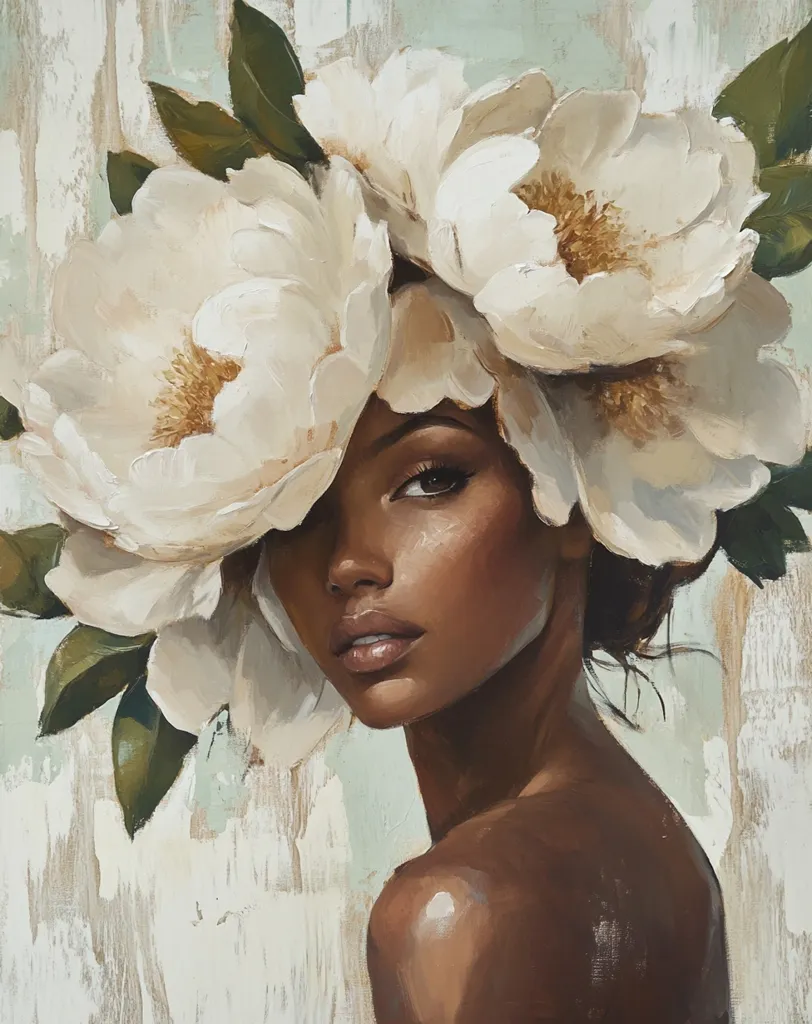 A portrait painting of a woman with dark skin, her face partially obscured by a crown of large, creamy white flowers. The style is painterly, with visible brushstrokes, creating a textural effect. The background is a muted, textured off-white, contrasting with the rich tones of the woman's skin and the vibrant whites of the blossoms.  The overall mood is serene and elegant.