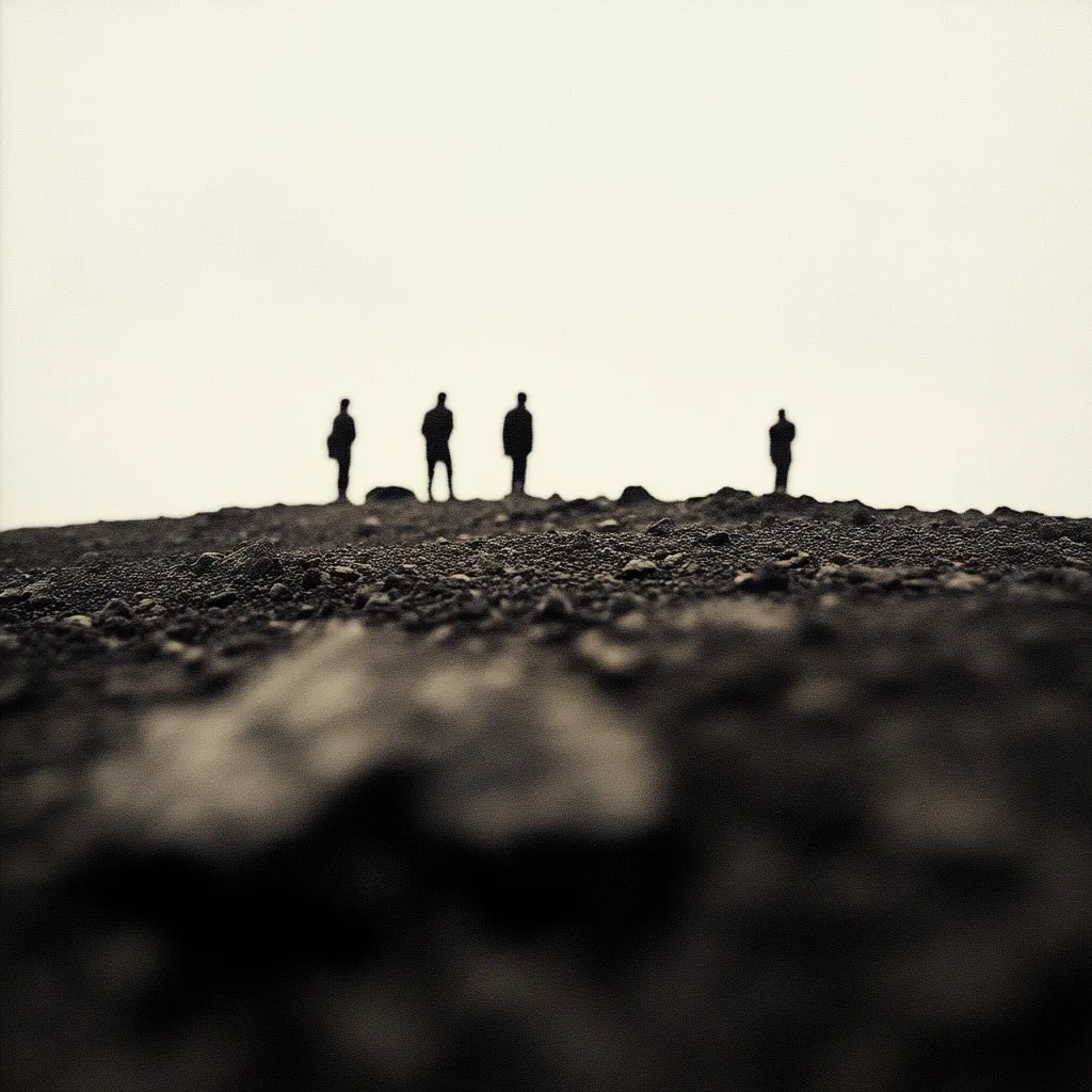 Four silhouetted figures stand on a desolate, rocky landscape against a bright, featureless sky.  The figures are small in the frame, emphasizing the vastness of the empty space. The foreground is sharply focused on a rough, textured ground, while the background figures are blurred, creating a sense of distance and isolation. The monochromatic palette adds to the somber mood.