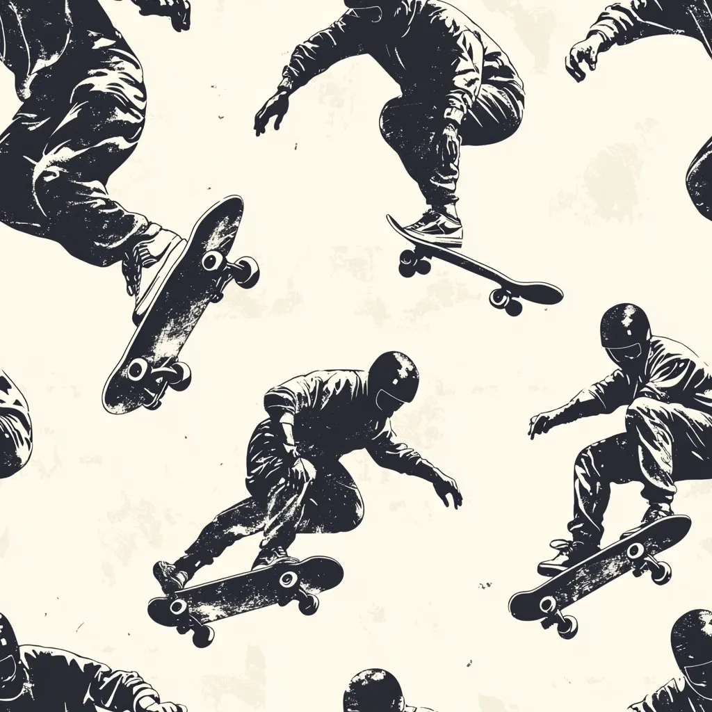 A seamless pattern featuring dynamic silhouettes of skateboarders in action.  The skaters, wearing helmets, are depicted mid-trick against a textured off-white background.  The style is reminiscent of vintage screen printing, with bold black outlines and a slightly distressed effect.  The repeated image creates a visually engaging design ideal for textiles or skateboarding-themed merchandise.