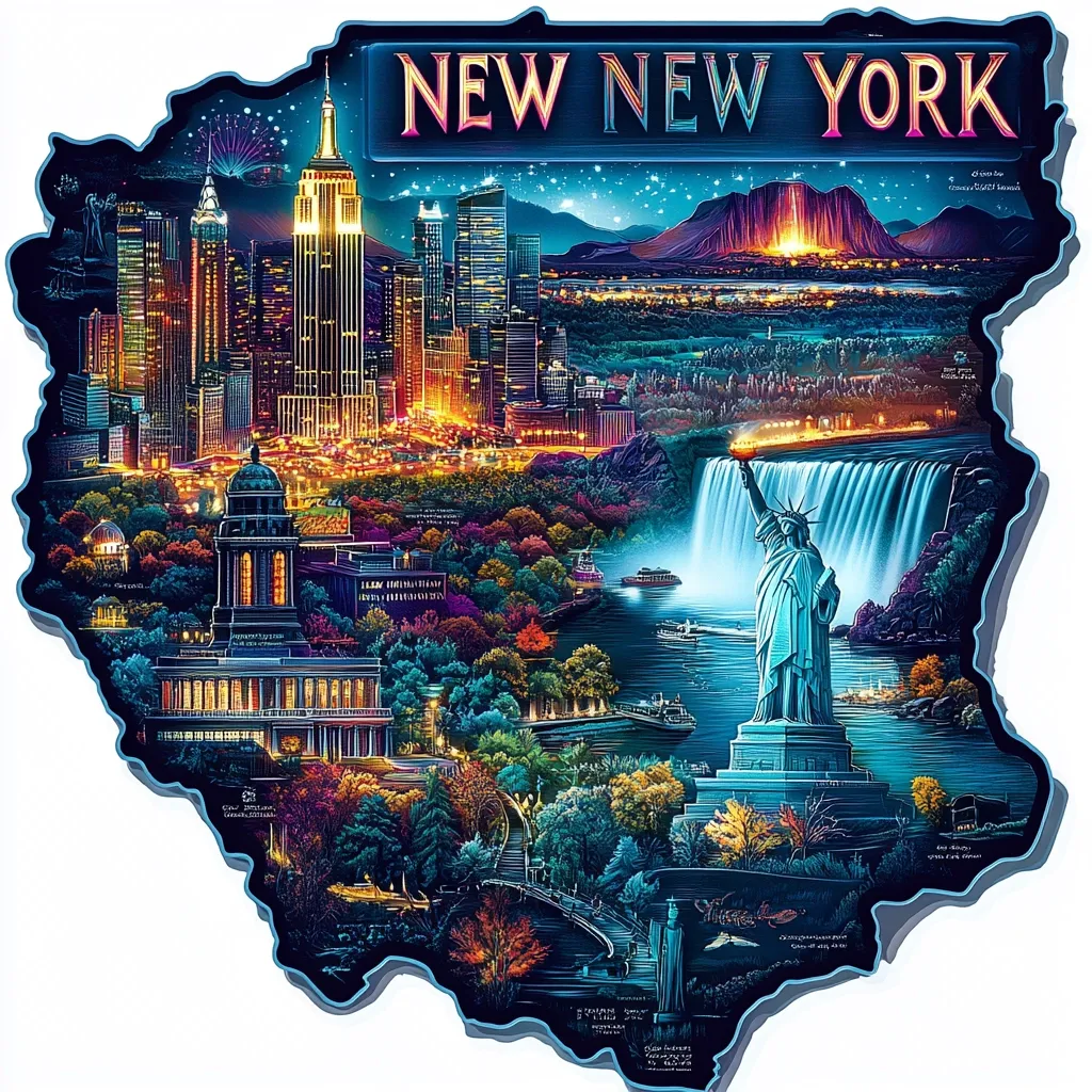 A vibrant illustration of New York State depicts iconic landmarks.  The New York City skyline, ablaze with lights, dominates one side, while Niagara Falls and the Statue of Liberty grace the other.  Central Park and other scenic locations are integrated into the state's outline, creating a colorful and detailed depiction of the state's beauty.  The image is stylized with a nighttime aesthetic, emphasizing the brilliance of the city and the power of the falls.