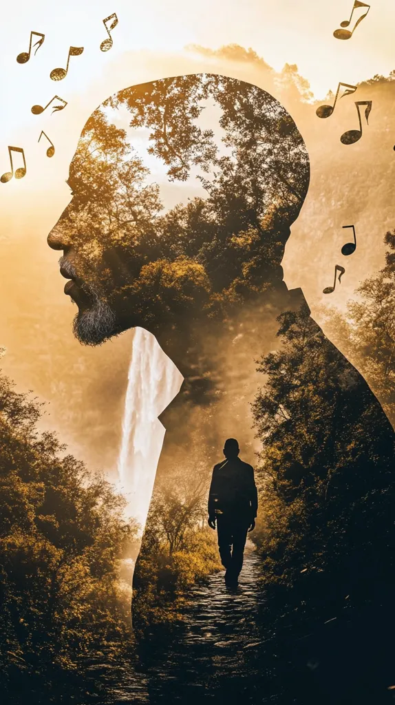 A double exposure image shows a man's profile superimposed over a landscape.  His head reveals a lush forest and a waterfall, symbolizing inner peace and nature's tranquility.  Musical notes float around him, suggesting inspiration or a musical journey. A lone figure walks a path within the landscape, possibly representing a solitary introspective path. The overall mood is serene and contemplative.