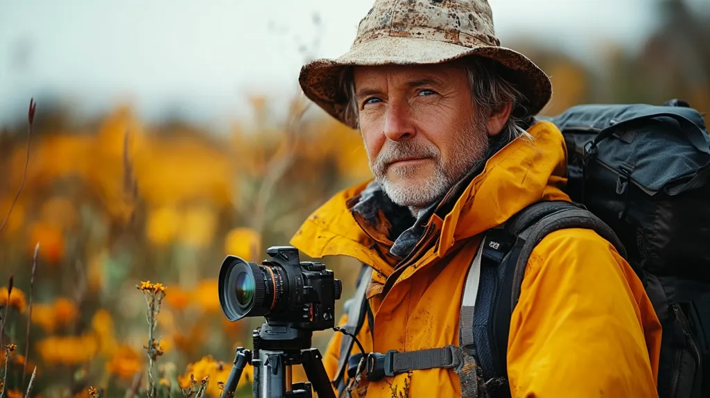 A mature man, wearing a camouflage hat and bright yellow rain jacket, stands in a field of golden flowers. He holds a professional camera mounted on a tripod.  A backpack rests on his shoulders. The image suggests a nature photographer at work, capturing the autumnal beauty of his surroundings. His weathered face reflects a life lived outdoors.