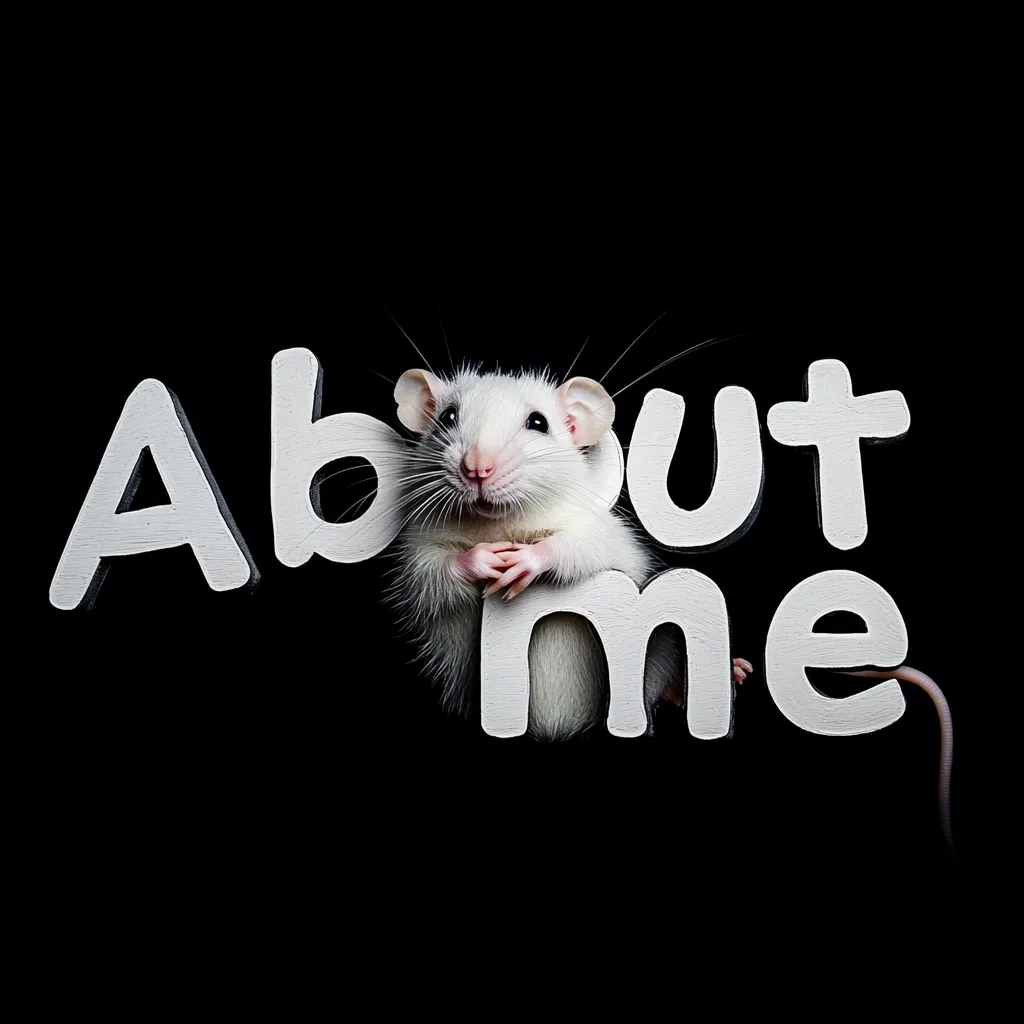 A white rat sits behind large, white wooden letters spelling "About Me."  The rat's paws are visible, and it has a contented expression. The image is set against a completely black background, making the rat and letters stand out sharply. The overall effect is playful and engaging.