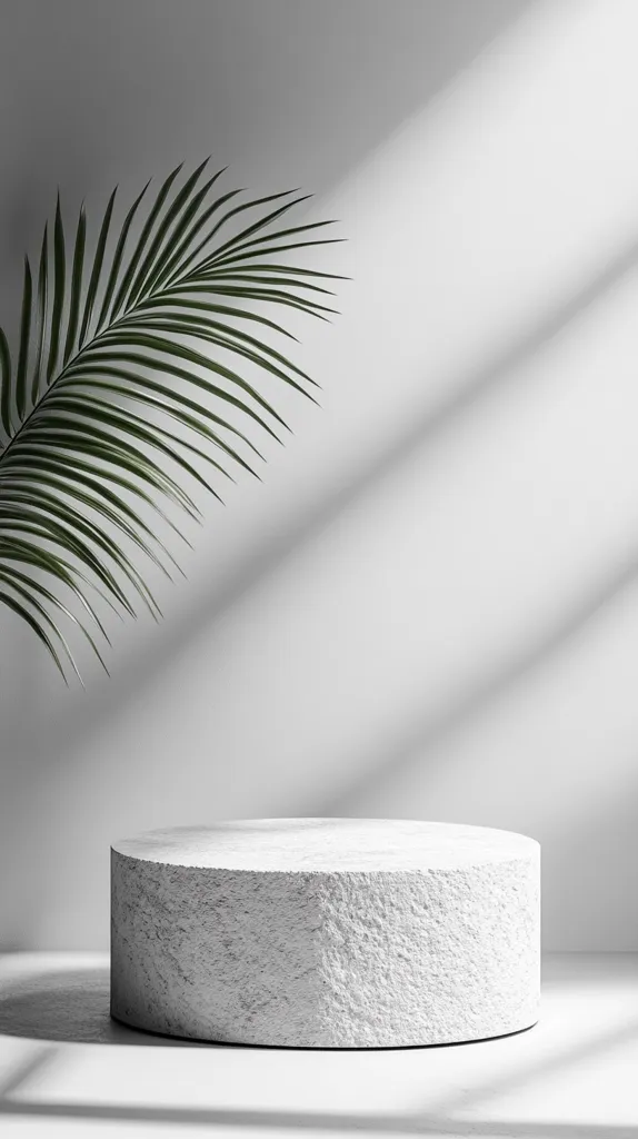 A minimalist scene features a rough-textured, cylindrical white pedestal against a bright white wall.  A single palm frond casts a shadow, adding a touch of organic form to the stark, modern setting.  The overall aesthetic is clean, serene, and suggestive of product display or artistic presentation.  Light streams in from an unseen window, creating dramatic shadows.