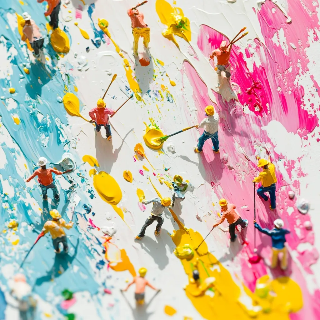 Miniature figures, resembling construction workers, are depicted meticulously painting a large canvas.  The canvas is awash in vibrant strokes of pink, yellow, and blue paint, creating a dynamic and textured background. The tiny figures use large brushes, adding to the whimsical scale of the artwork. The overall scene is playful and vibrant, suggesting a collaborative creation on a grand scale.