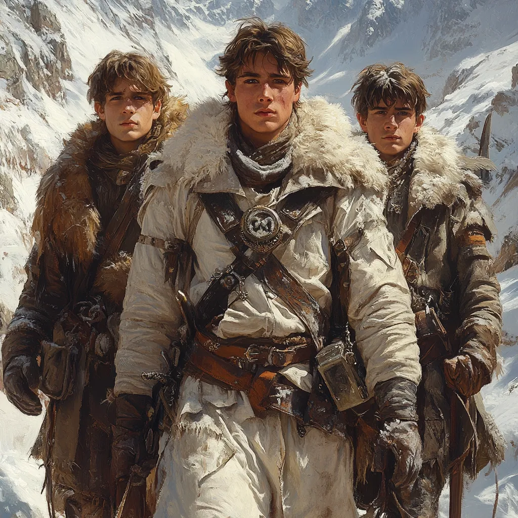 Three young men, bundled in thick winter clothing, traverse a snow-covered mountain pass.  The central figure, in a cream-colored coat with fur trim and elaborate leather straps, stands out.  His companions, dressed in similarly rugged attire, flank him, their expressions serious and determined.  The scene evokes a sense of adventure and resilience in a harsh, beautiful landscape.