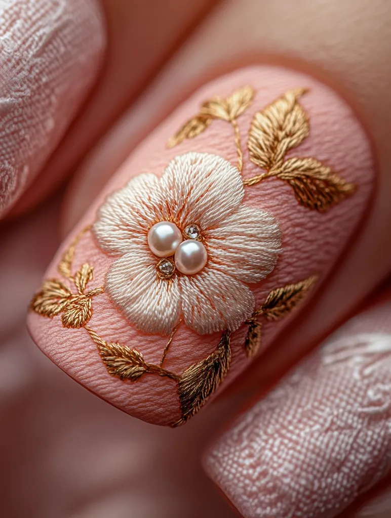 Close-up of intricately designed nail art.  A pale pink nail features delicate, embroidered flowers in cream and gold thread.  Three small pearls are centered on the main flower. The surrounding nails show a matching textured, pale pink design. The overall effect is elegant and feminine.