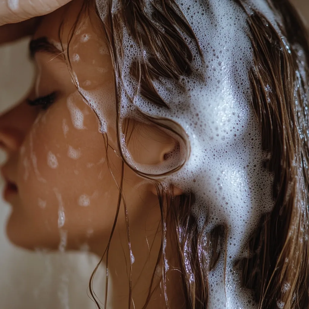 Close-up profile view of a young woman washing her hair.  Lather from shampoo or conditioner coats her long brown hair and runs down her face.  The focus is on the texture of the foam and the wet strands of hair, creating a soft and intimate feel.  The overall mood is serene and suggestive of self-care.