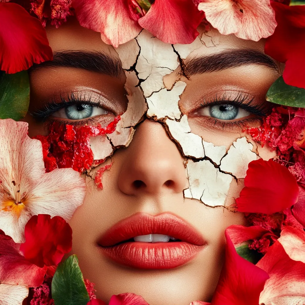 A close-up shot reveals a woman's face adorned with a cracked, white mask, contrasted by vibrant red and pink flower petals surrounding her.  Her striking blue eyes and meticulously applied makeup are visible through the cracks. The image creates a surreal and artistic juxtaposition of beauty and decay, emphasizing texture and color contrast.  The overall effect is dramatic and visually arresting.