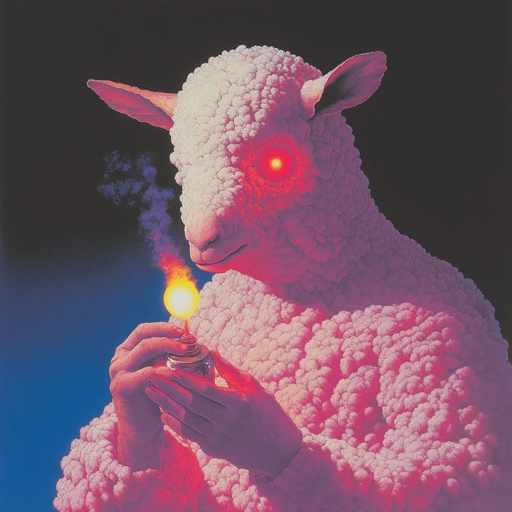 A surreal painting depicts a lamb-like creature composed entirely of fluffy pink clouds.  Its eyes glow red, and it carefully holds a small, burning oil lamp. The overall effect is unsettling yet captivating, blending innocence with a hint of foreboding. The dark background accentuates the lamb's luminescent features.