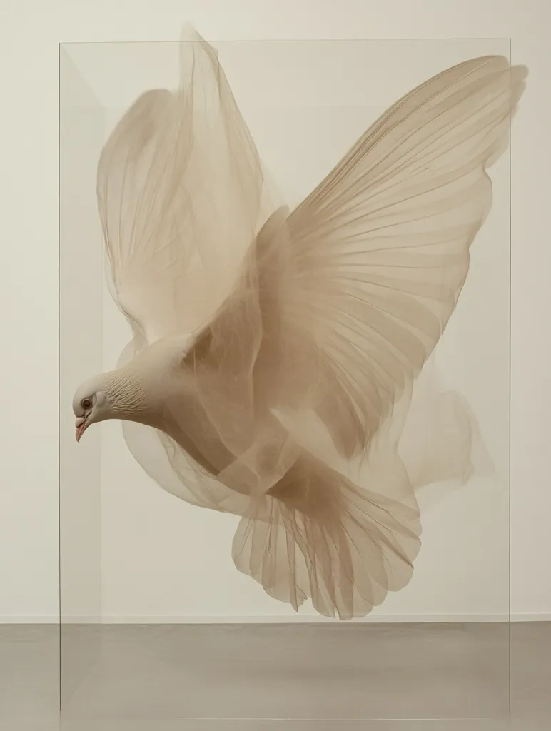 A white dove, seemingly in flight, is encased within a transparent glass box.  The dove's form is ethereal, its feathers rendered in translucent, pale beige fabric that flows and drapes around its body. The piece creates a sense of delicate fragility and suspended motion, the bird appearing both real and otherworldly. The minimalist setting accentuates the artwork's serene beauty.